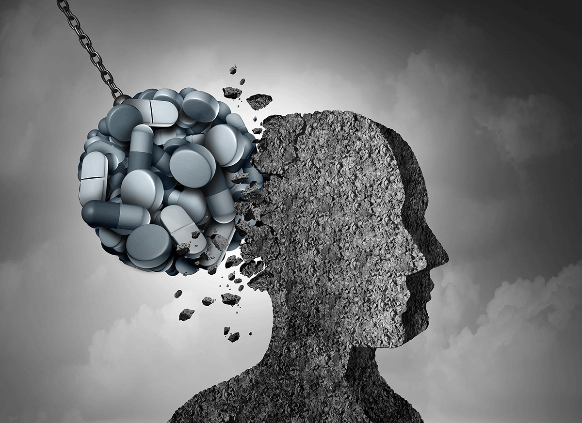 a symbolic ball of opioids hits a silhouette of a head to portray the effects of opioids on the brain